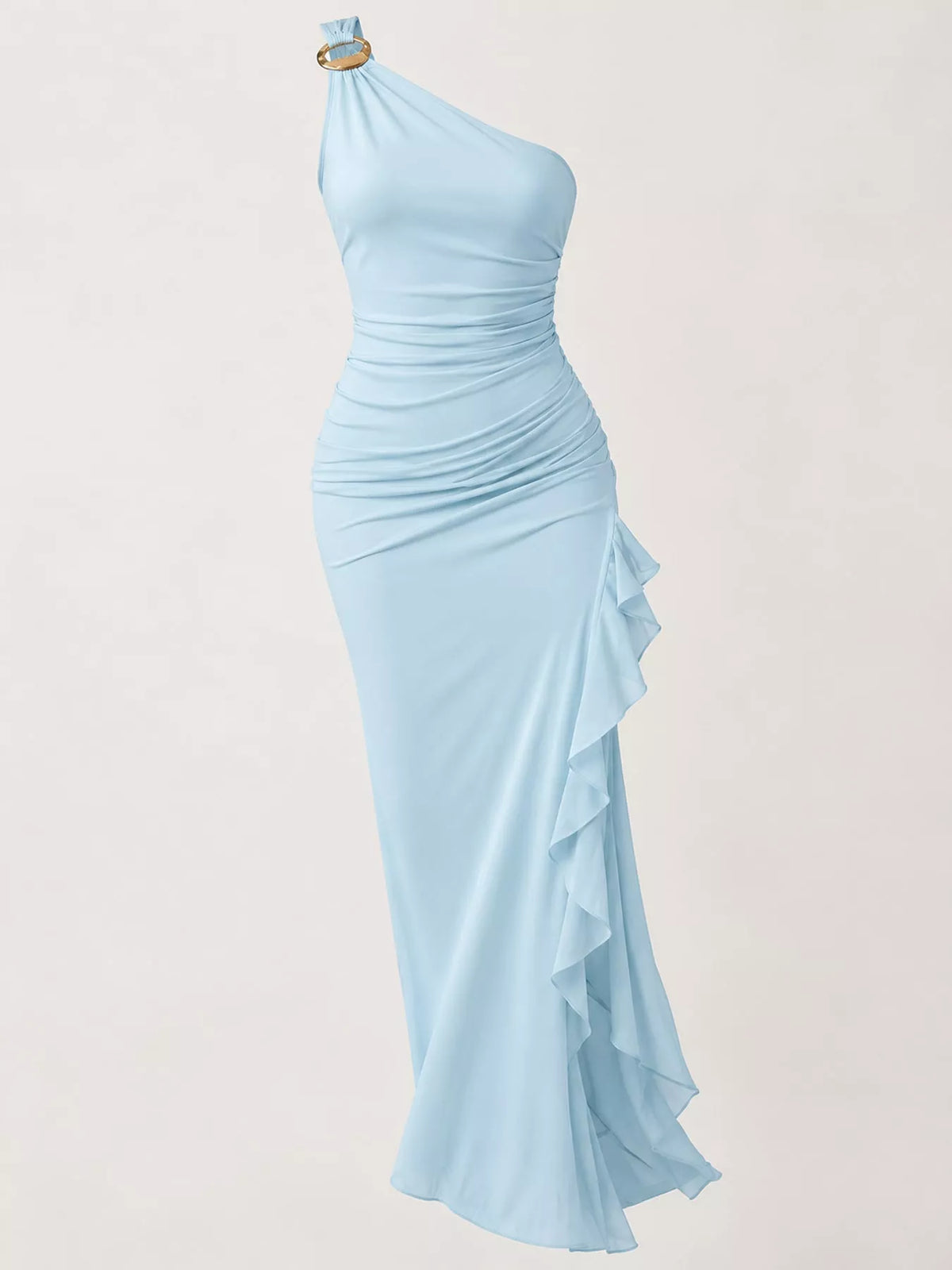 One-Shoulder Ruched Ruffle Hem Maxi Dress - alternate view 16
