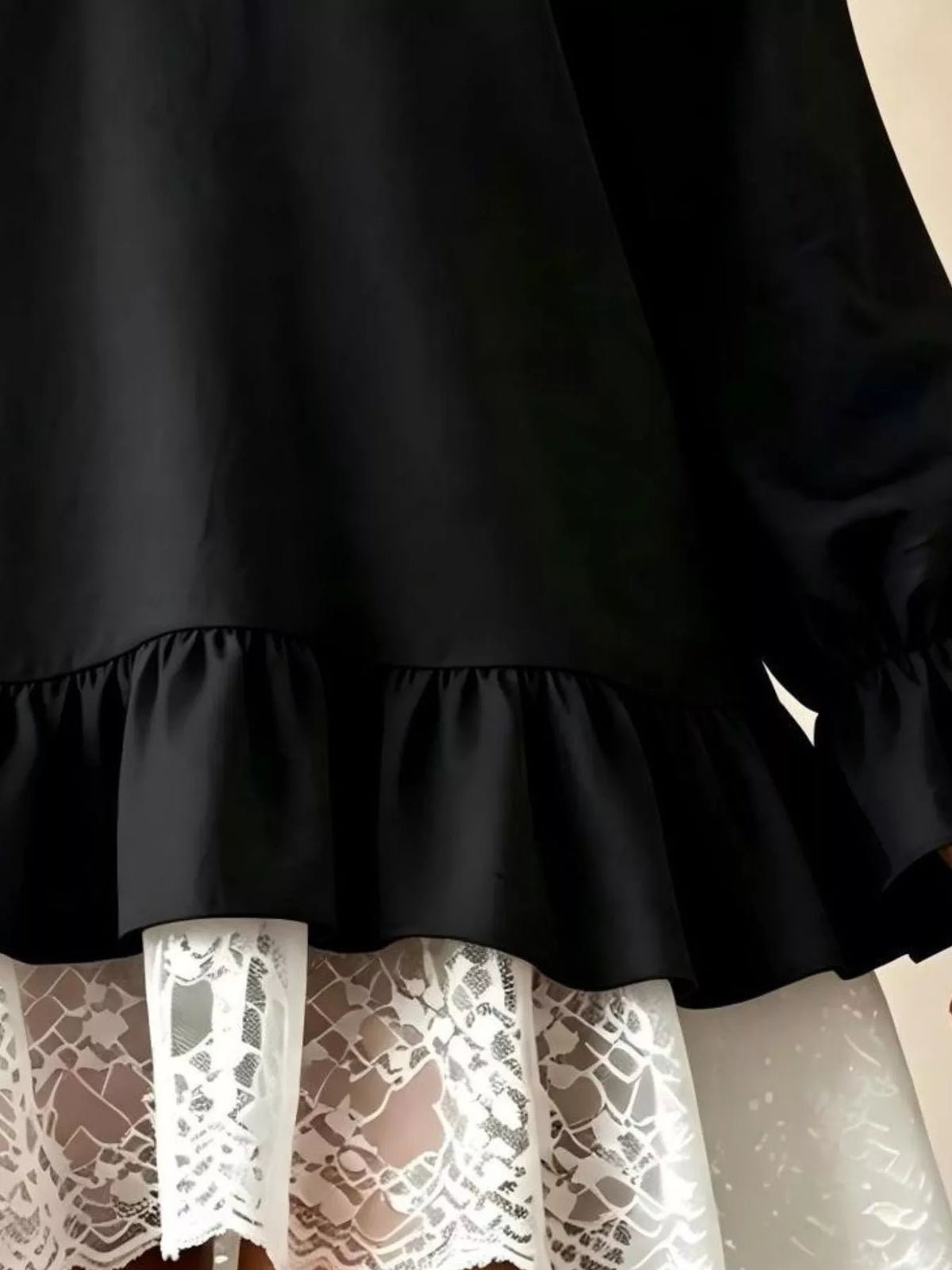 V-Neck Long Sleeve Ruffle Hem Lace Detail Dress - alternate view 2
