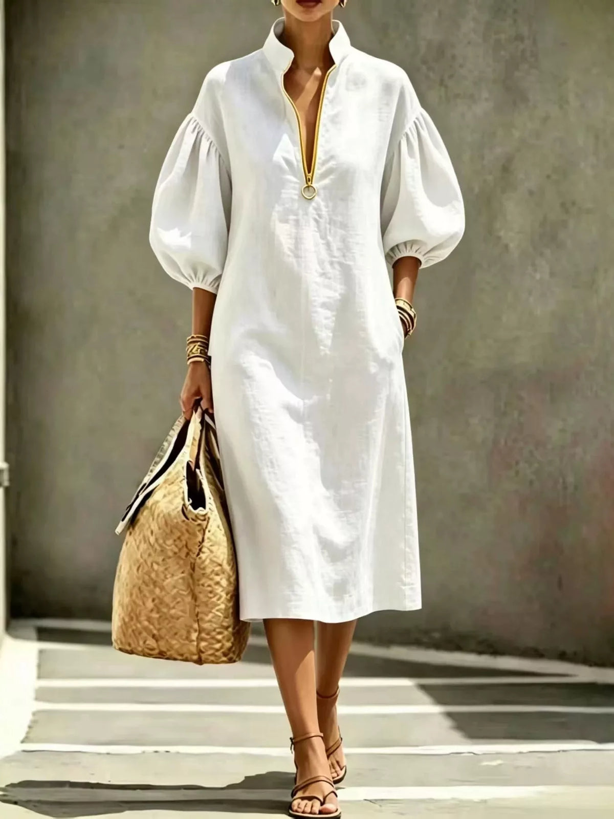 Half-Zip Puff Sleeve Midi Dress - alternate view 5