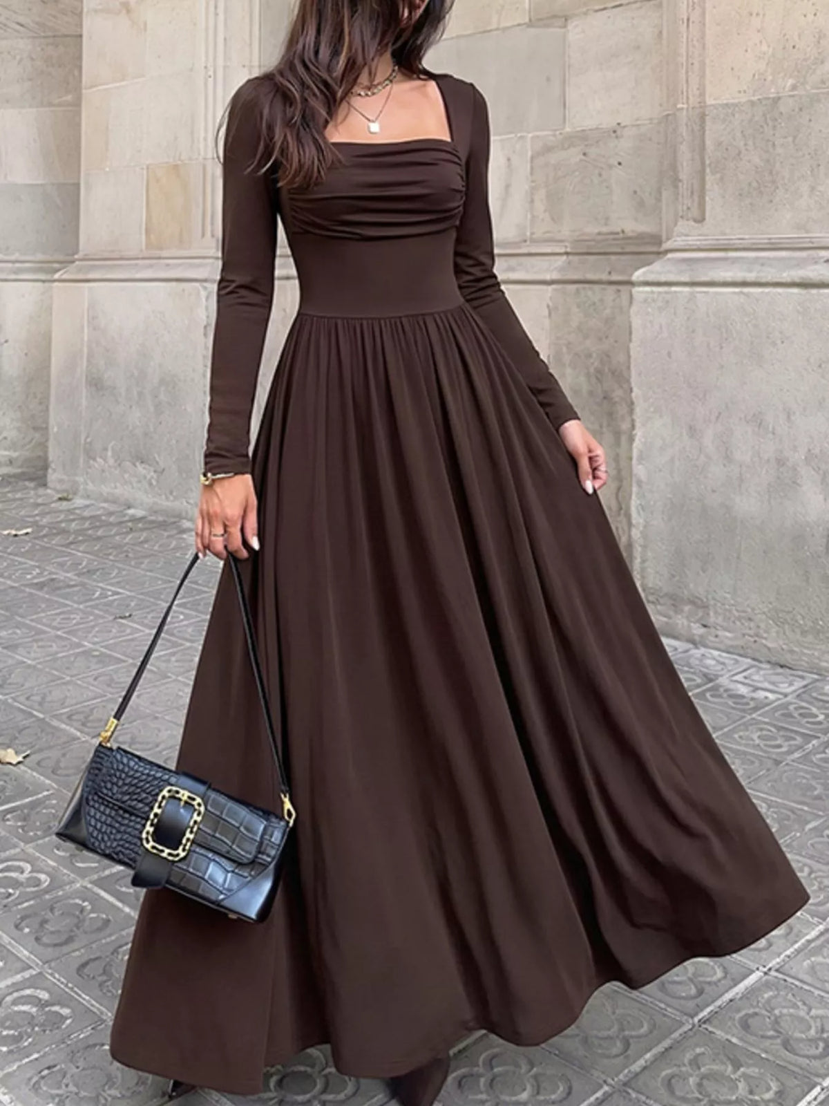 Ruched Square Neck Long Sleeve Maxi Dress - alternate view 3