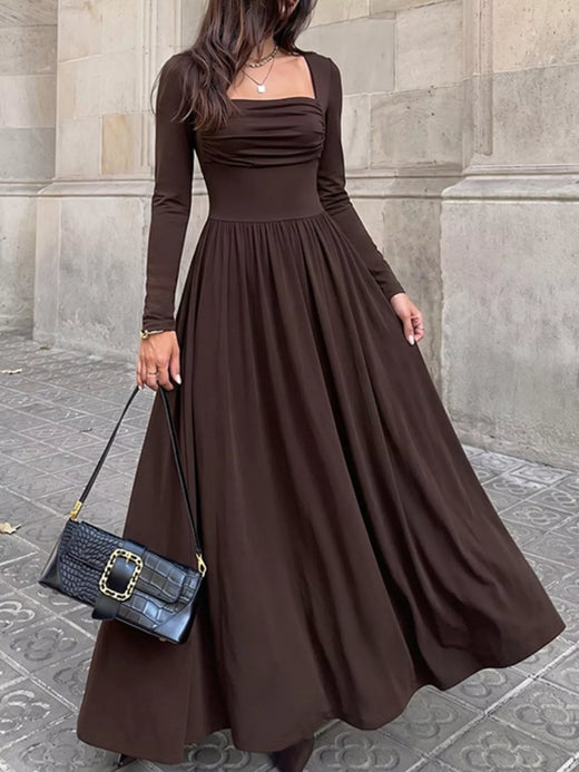 Ruched Square Neck Long Sleeve Maxi Dress - alternate view 3