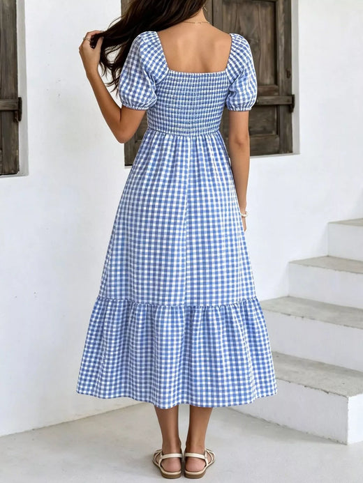 Gingham Smocked Puff Sleeve Midi Dress - alternate view 3