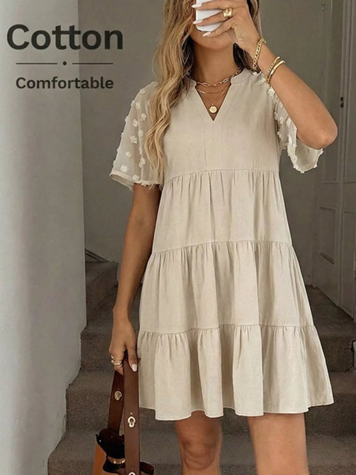 Casual Tiered Mini Dress with Swiss Dot Sleeves - alternate view 2