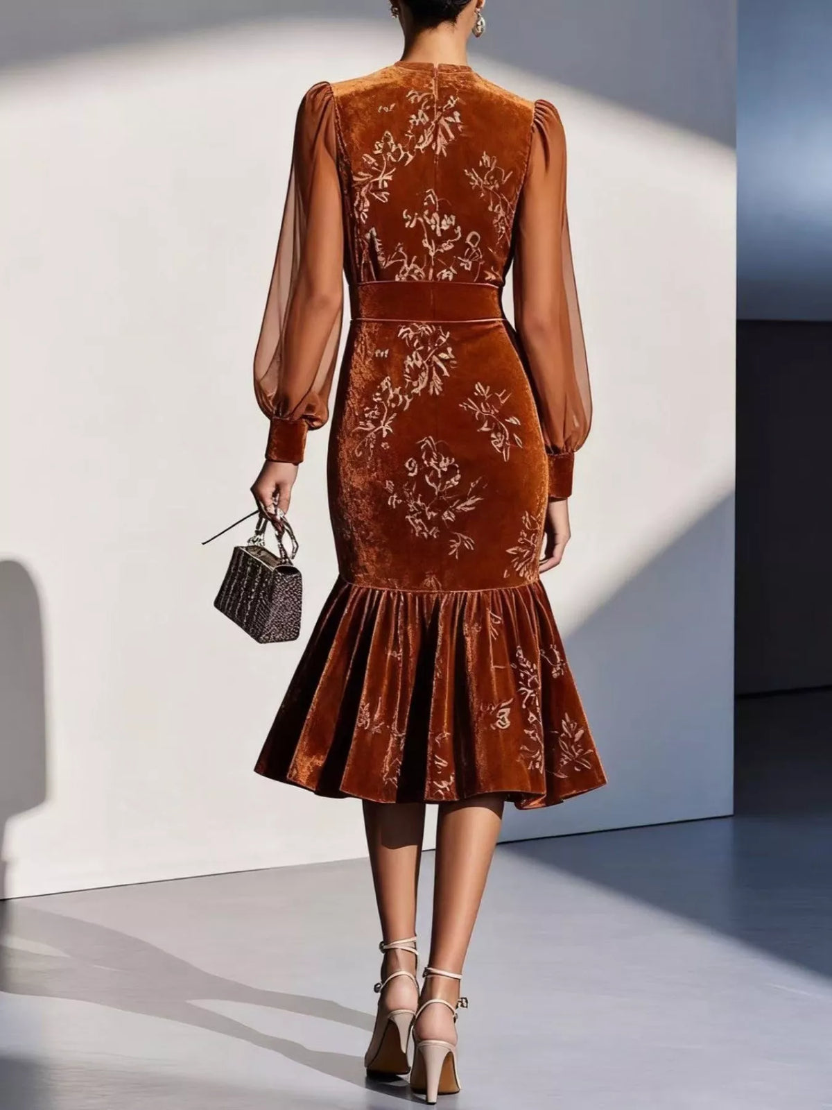 Velvet Floral Lantern Sleeve Midi Dress - alternate view 3