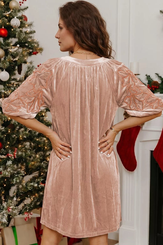 Embroidered‑Sleeve Velvet Mini Shift Dress - alternate view 5
