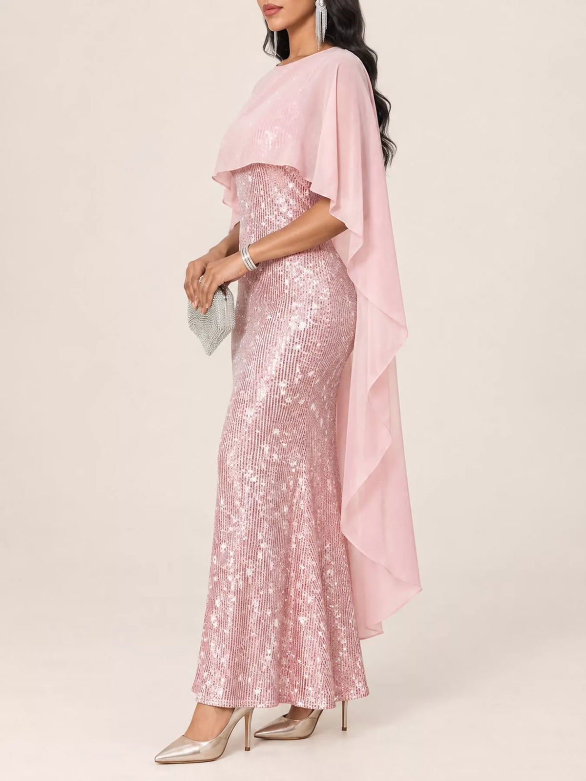 Sequin Cape Overlay Evening Dress - alternate view 5