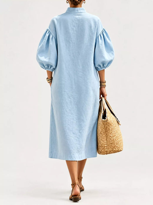 Half-Zip Puff Sleeve Midi Dress - alternate view 3