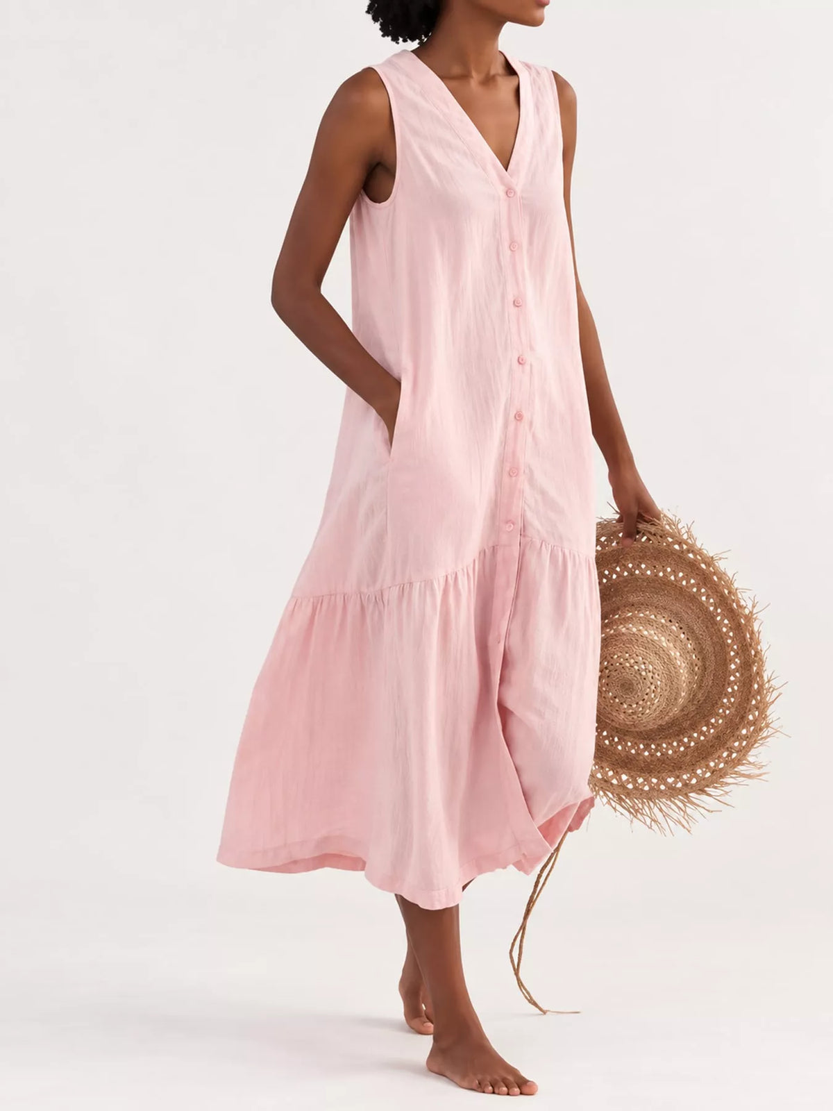 Full Size V-Neck Button Front Sleeveless Midi Dress Plus Size - alternate view 22