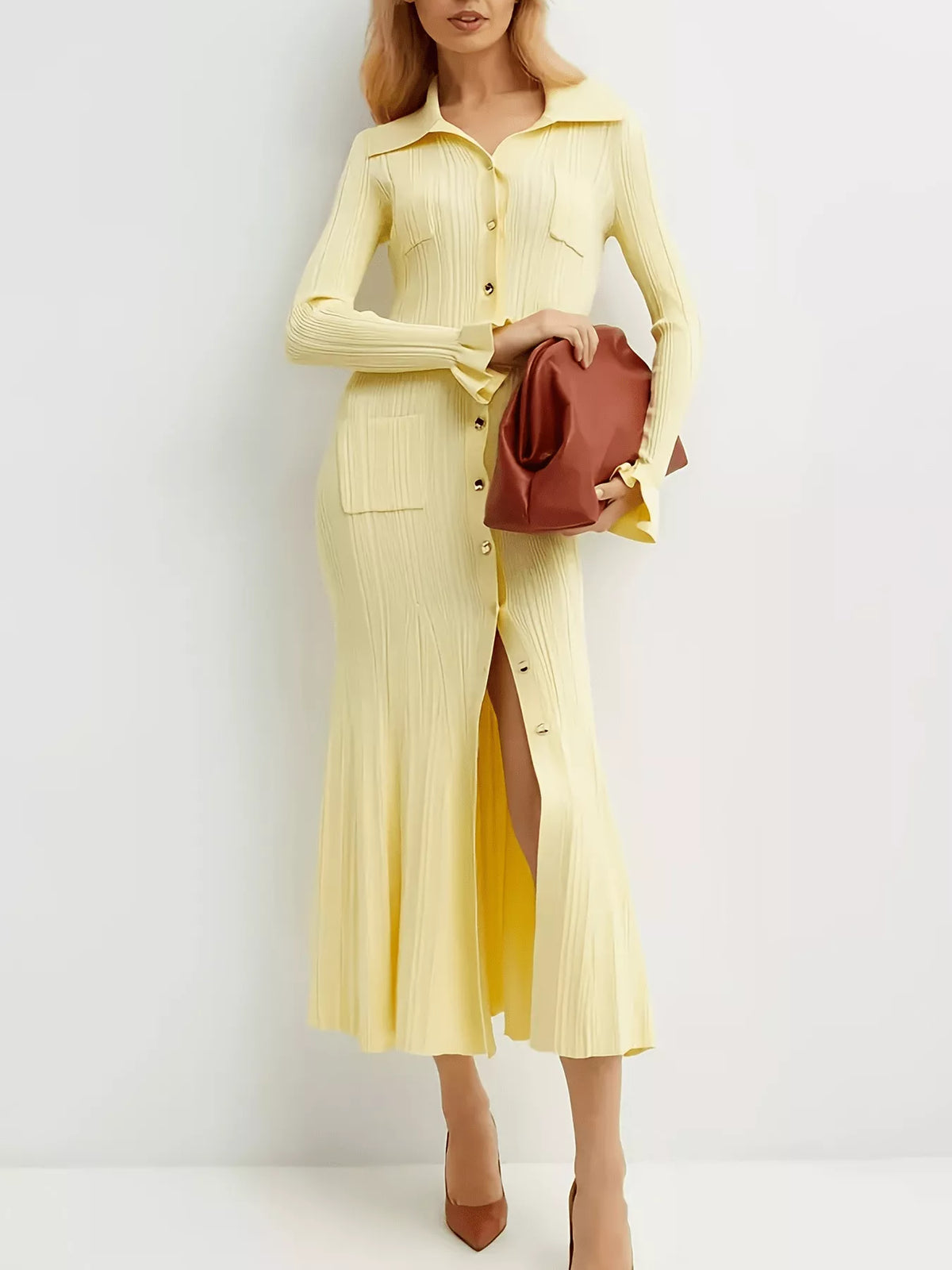 Button-Down Flounce Sleeve Sweater Dress - alternate view 3