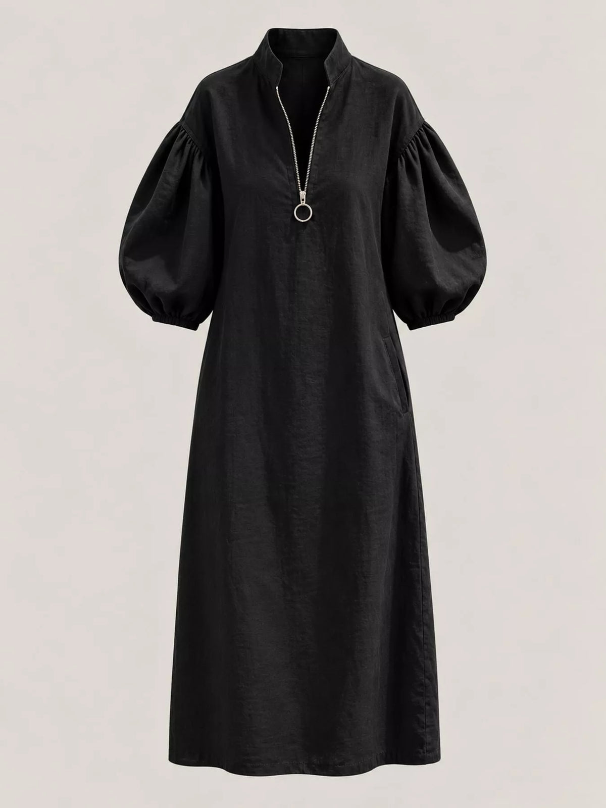 Half-Zip Puff Sleeve Midi Dress - alternate view 17