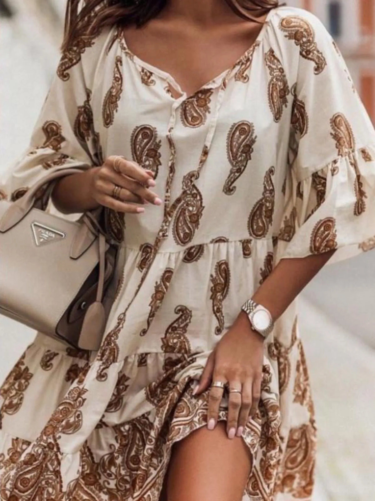Paisley Print Tie Neck Half Sleeve Mini Dress - alternate view 1