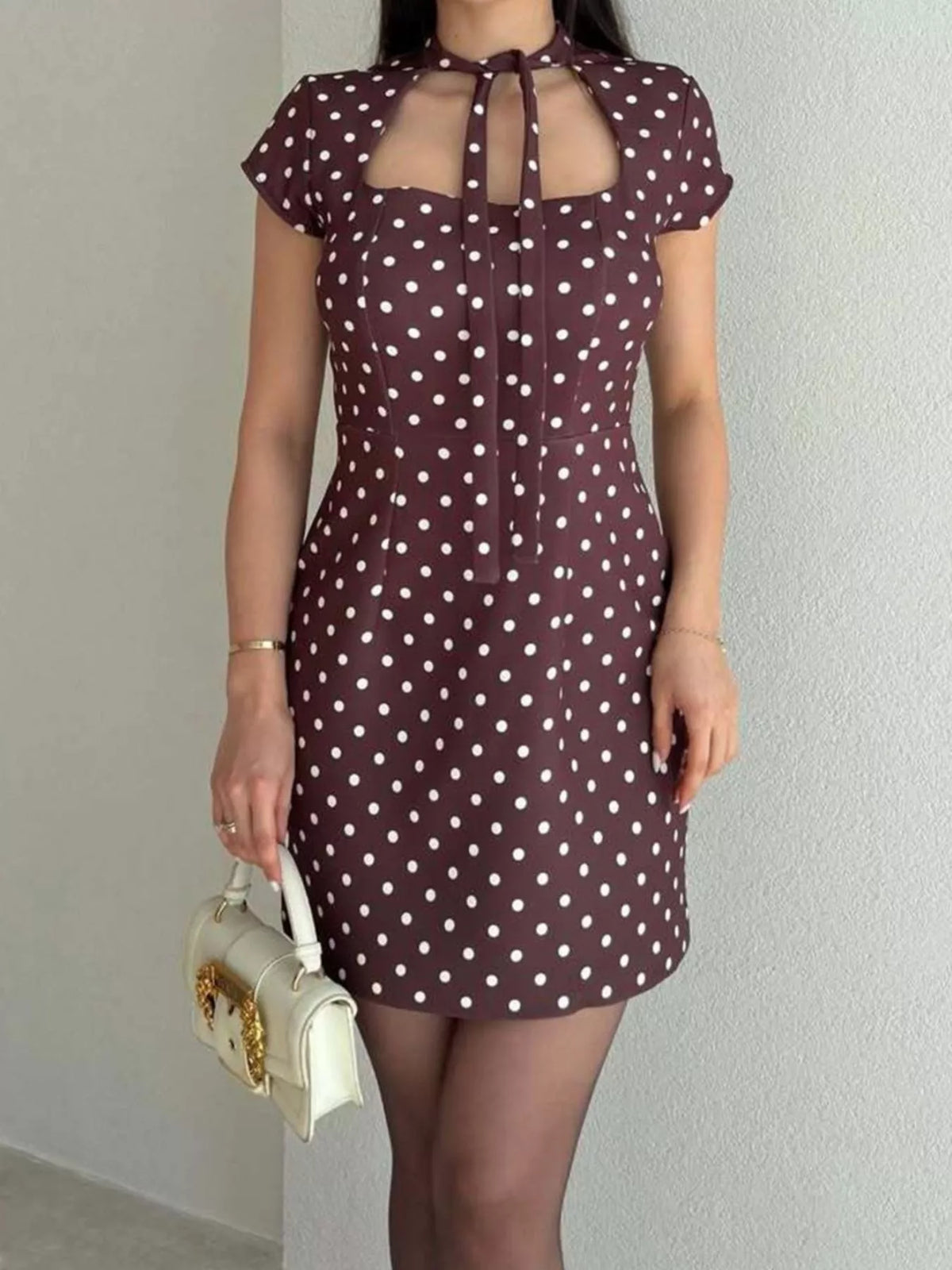Full Size Polka Dot Tie-Neck Bodycon Mini Dress Plus Size - alternate view 2
