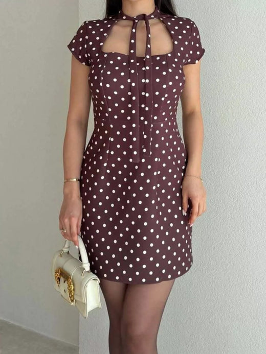 Full Size Polka Dot Tie-Neck Bodycon Mini Dress Plus Size - alternate view 2