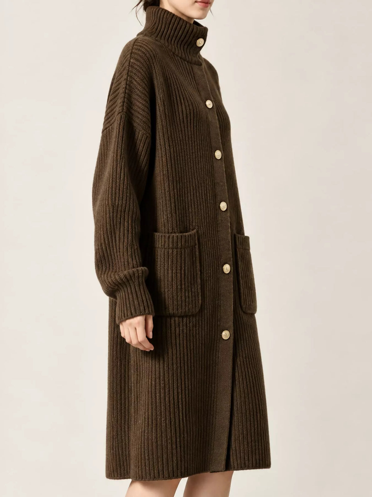 Ribbed Knit Turtleneck Button Up Longline Cardigan - alternate view 3