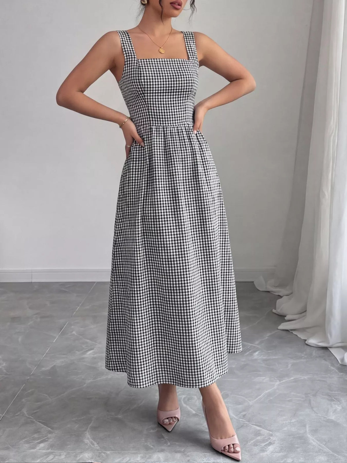 Square Neck Gingham Midi Dress - alternate view 3