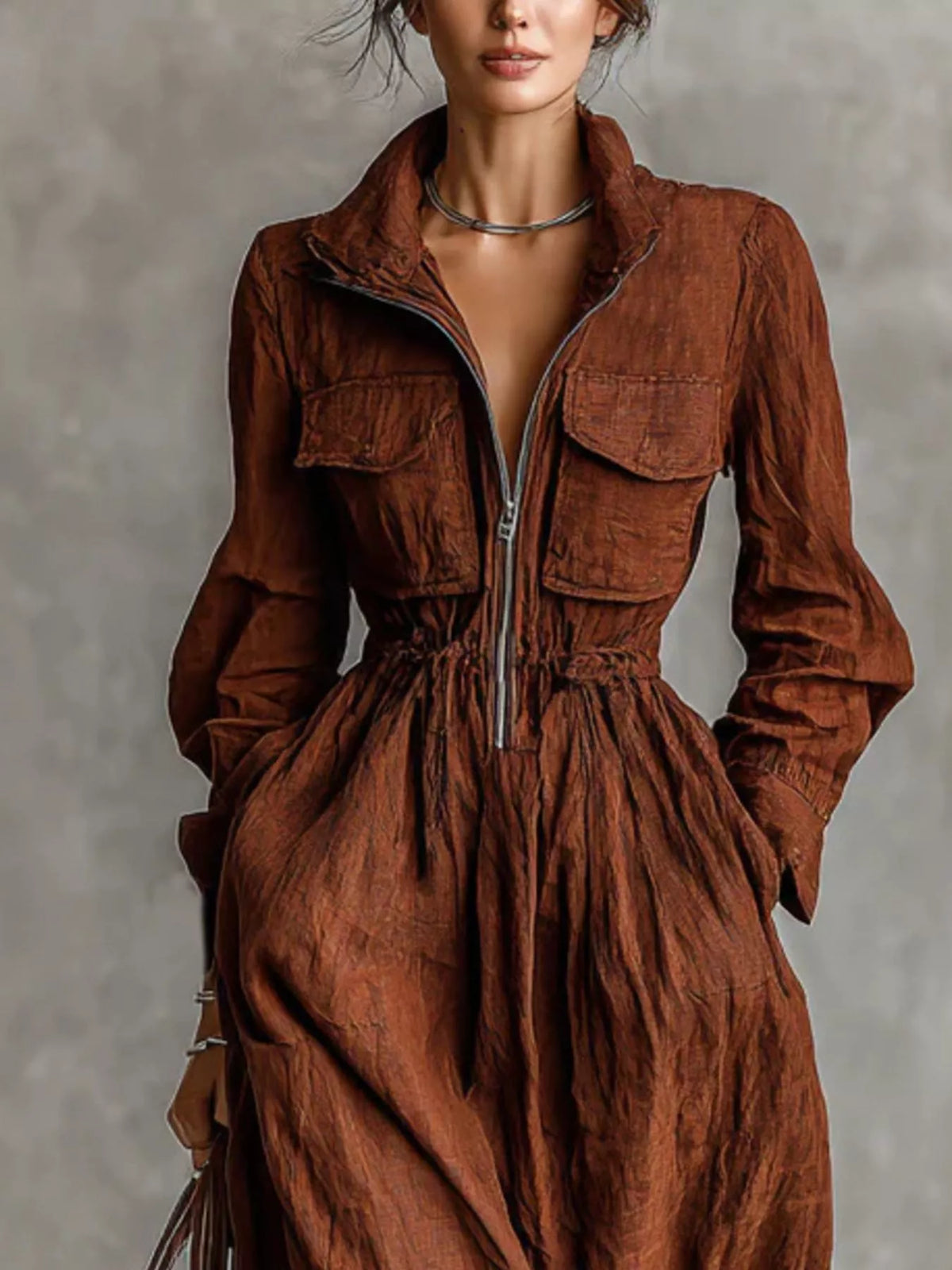 Zip-Front Long Sleeve Maxi Shirt Dress - alternate view 4