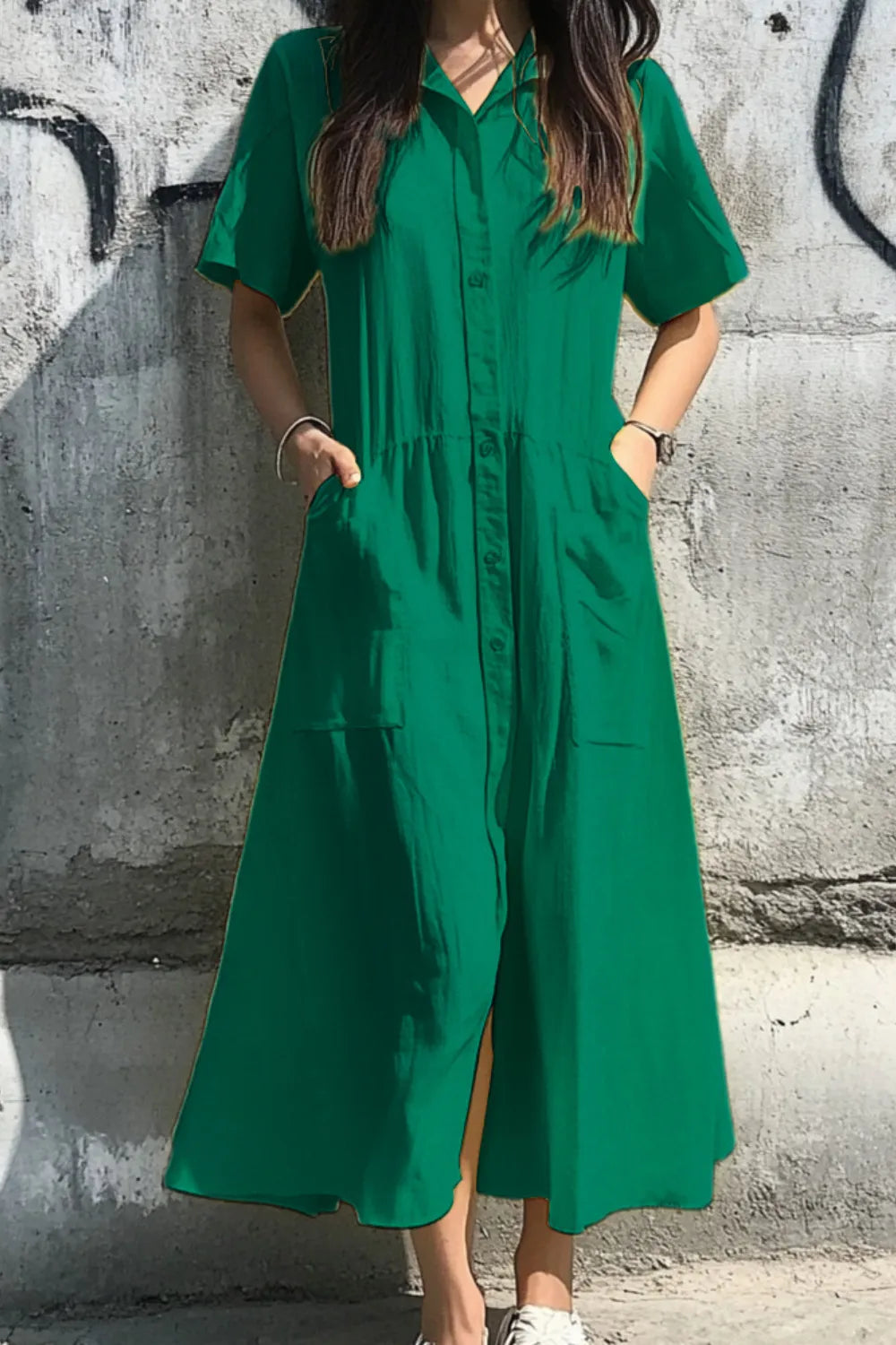 Button Front Short Sleeve Midi Dress - alternate view 10