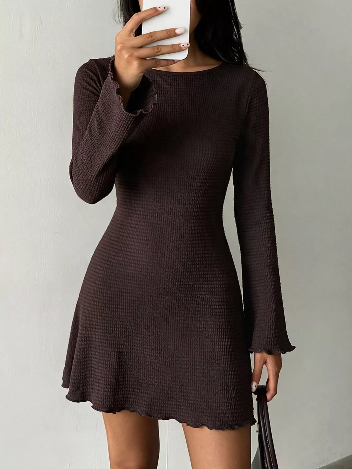 Long-Sleeve Waffle Knit Bodycon Mini Dress - alternate view 4