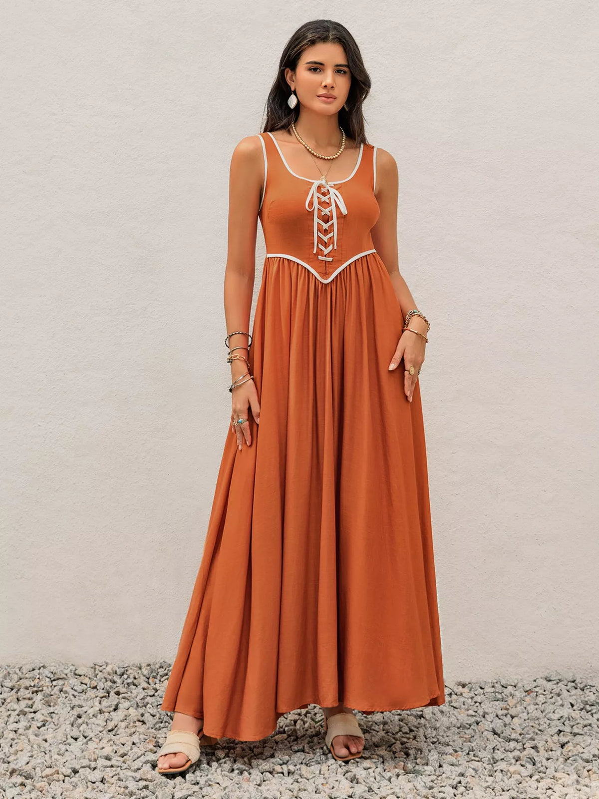 Contrast Trim Lace-Up Maxi Tank Dress - alternate view 3