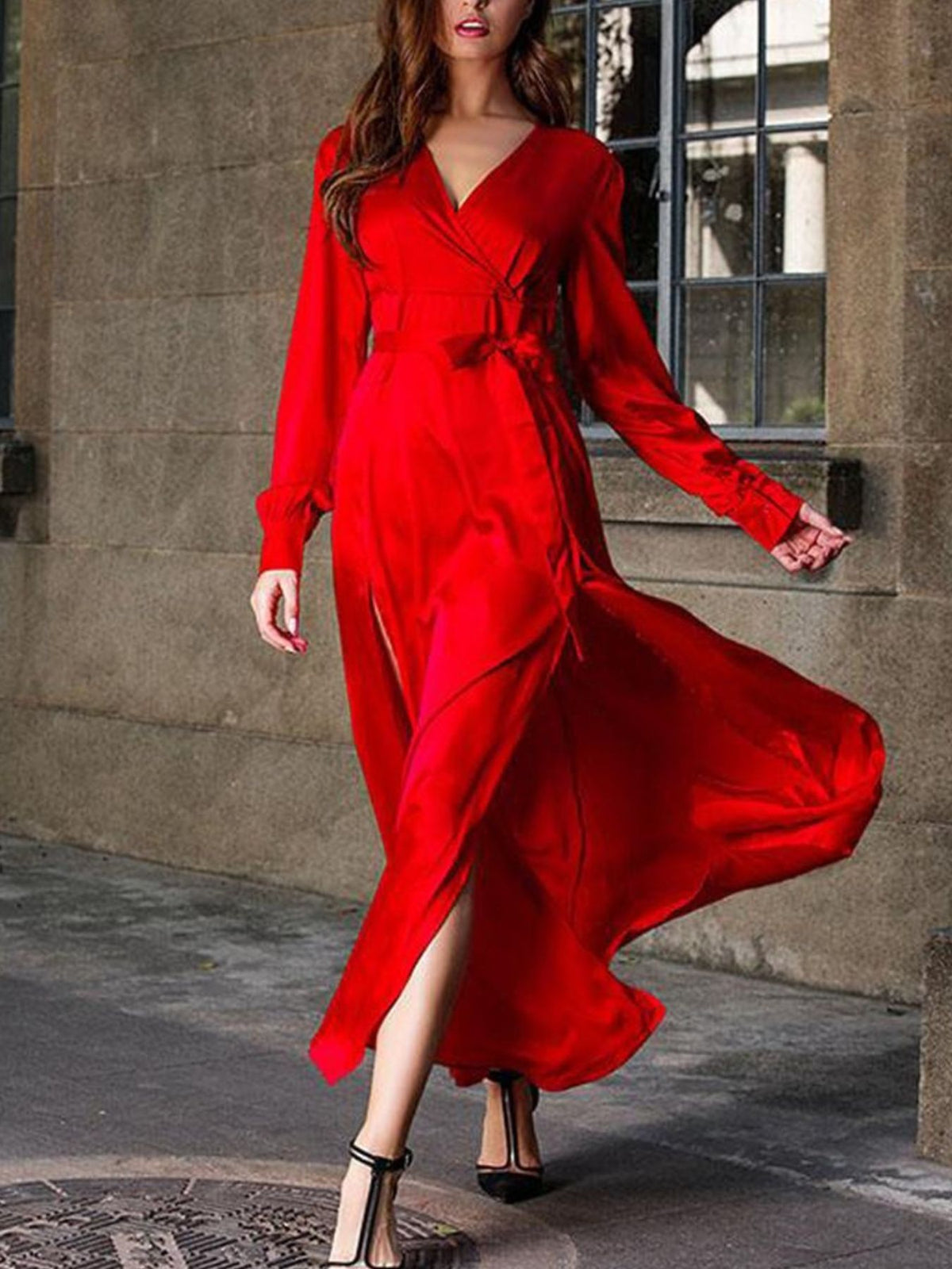 Plus Size Surplice Long Sleeve Slit Maxi Dress - alternate view 4