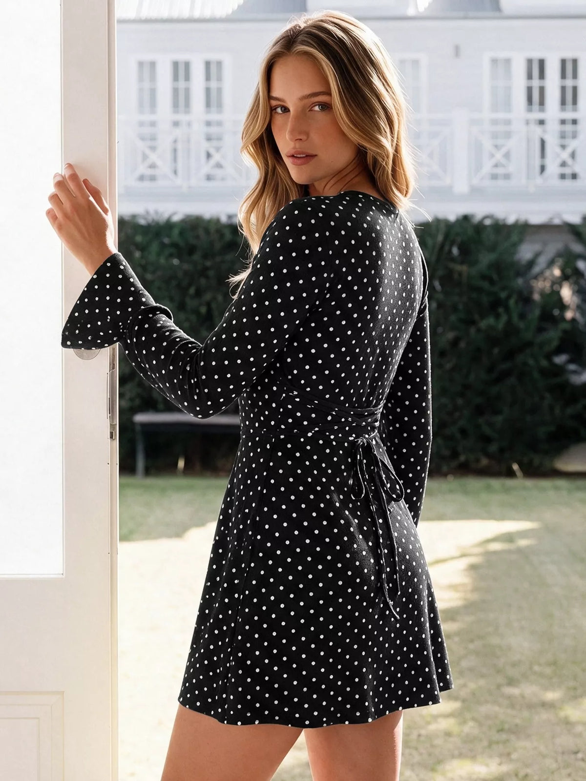 Polka Dot Long Sleeve Ruffle Hem Mini Dress - alternate view 5