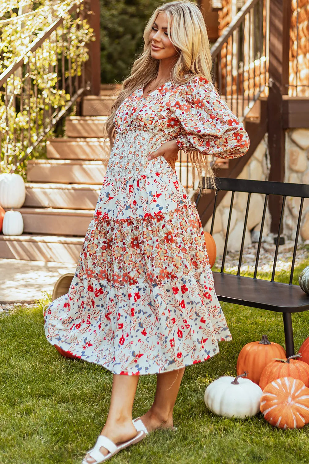 Full Size Printed V-Neck Lantern Sleeve Midi Dress - alternate view 4