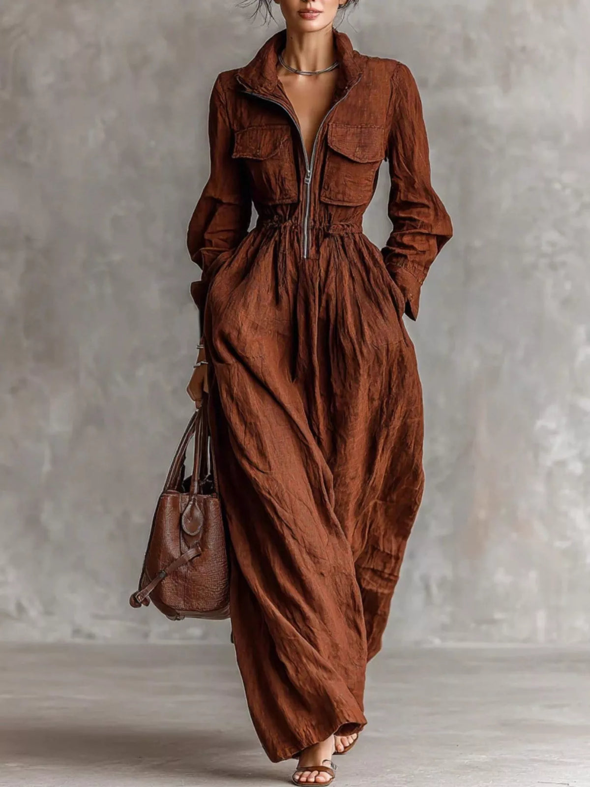 Zip-Front Long Sleeve Maxi Shirt Dress - alternate view 3