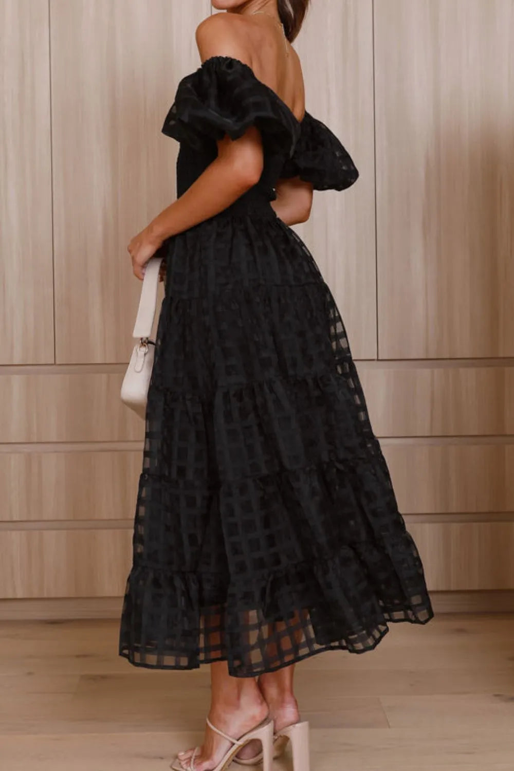 Off Shoulder Short Puff Sleeve Midi Dress - alternate view 20