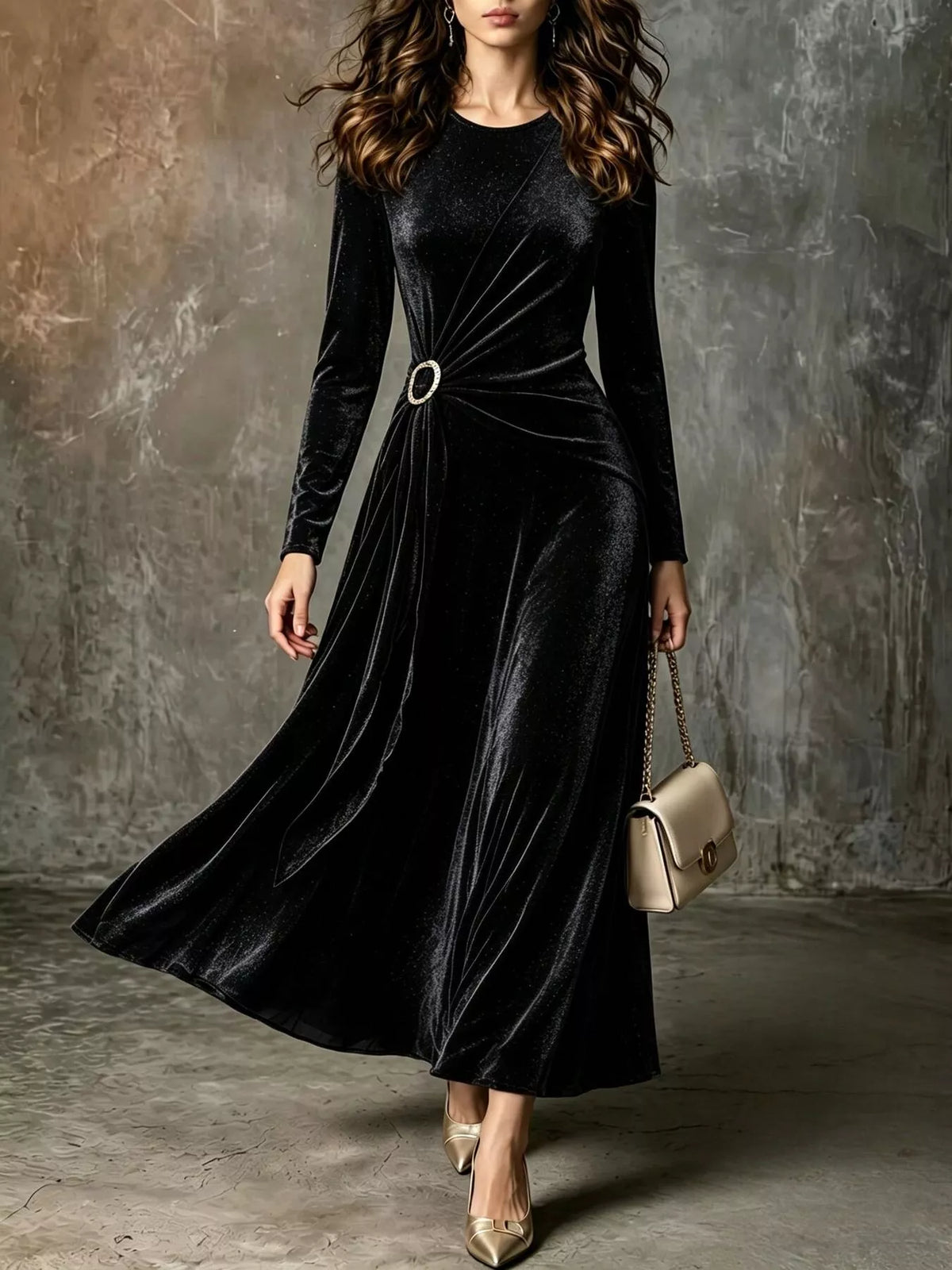 Full Size Velvet Long-Sleeve Maxi Dress with Ring Detail Plus Size - alternate view 2