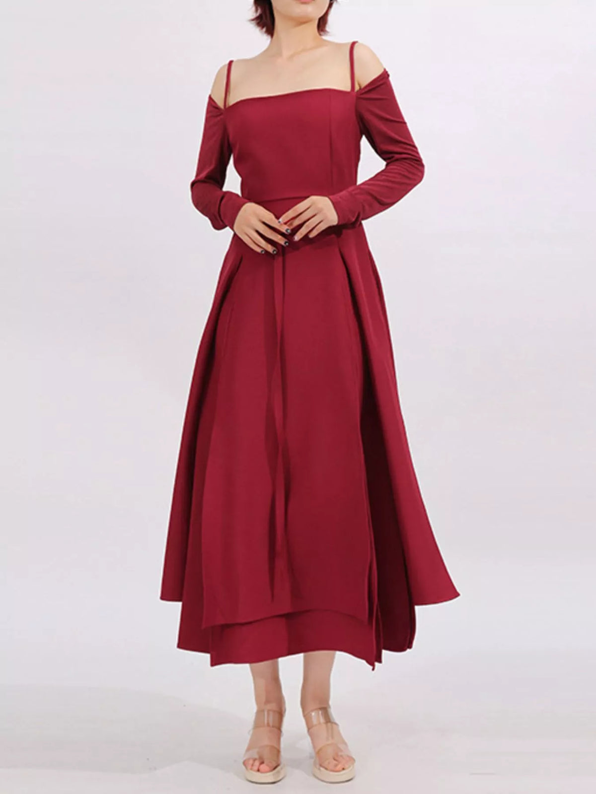 Slit Spaghetti Strap Long Sleeve Dress - alternate view 2