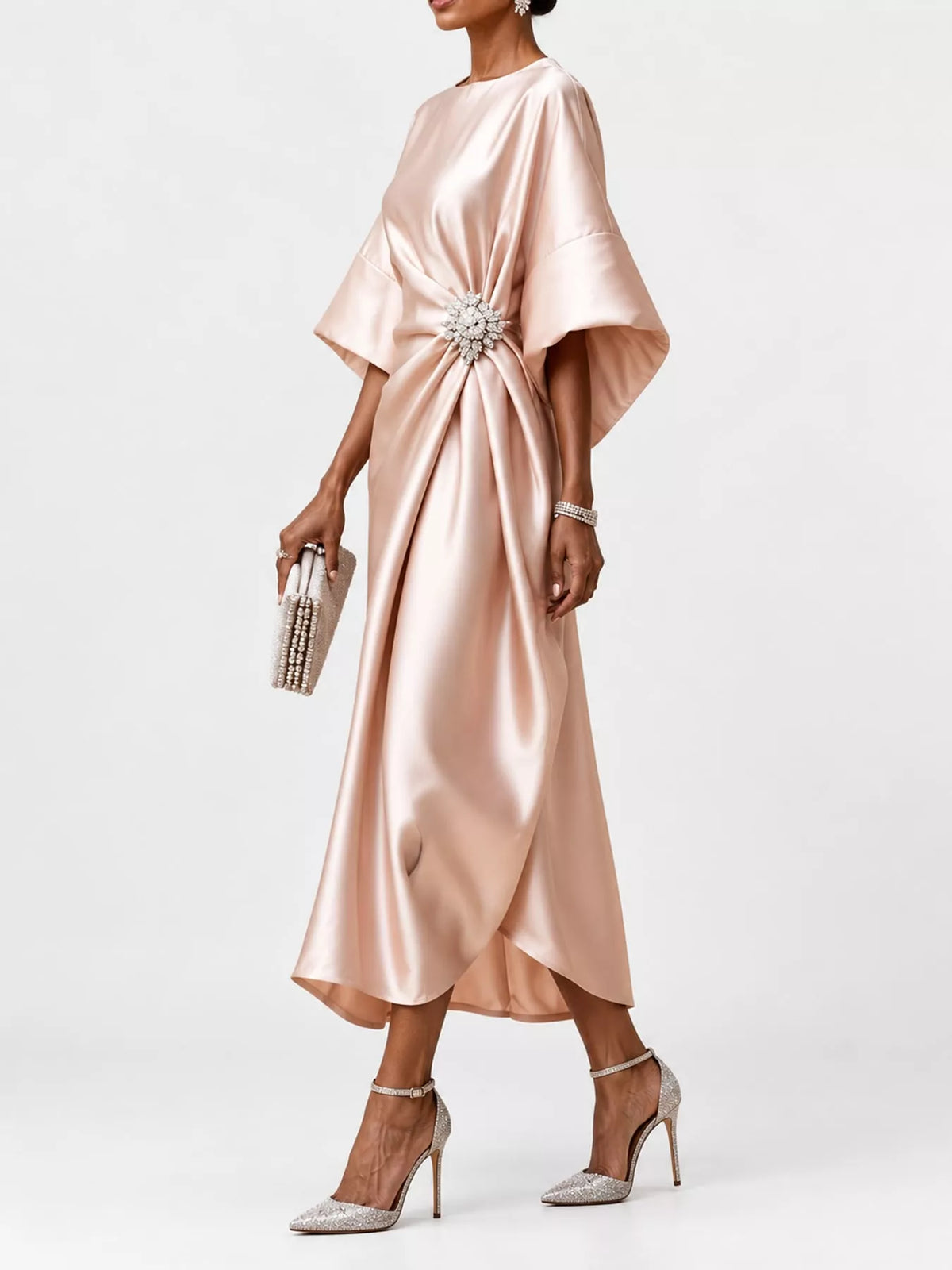 Full Size Satin Draped Evening Dress with Crystal Brooch Plus Size - alternate view 11