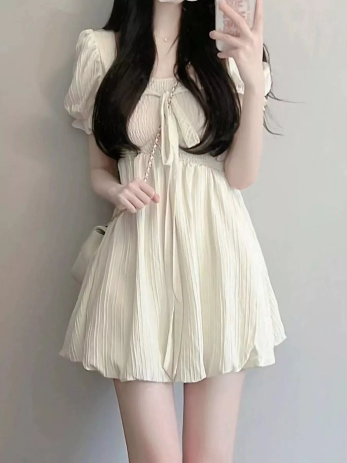 Puff-Sleeve Smocked Mini Dress with Tie-Front Detail