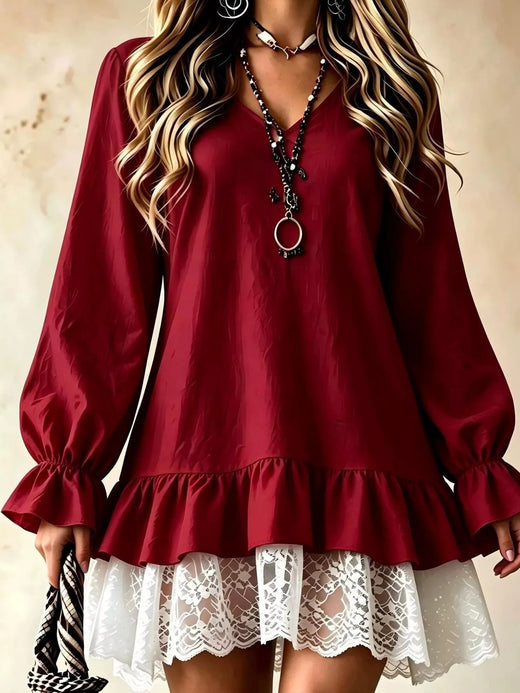 V-Neck Long Sleeve Ruffle Hem Lace Trim Mini Dress - alternate view 5