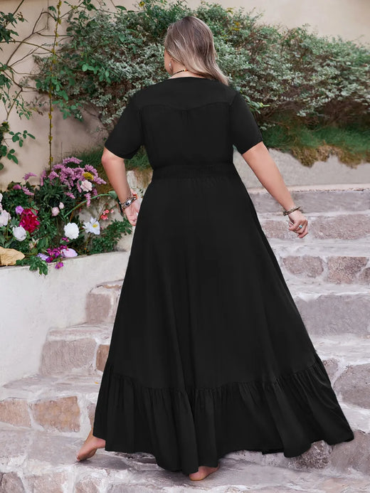 Ruffled Hem Button Down V-Neck Short Sleeve Maxi Dress - alternate view 3