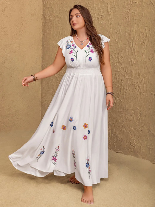 Embroidered Floral V-Neck Cap Sleeve Maxi Dress