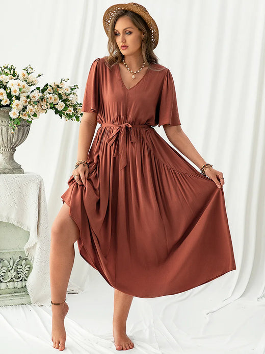 V-Neck Flutter Sleeve Midi Dress - alternate view 4
