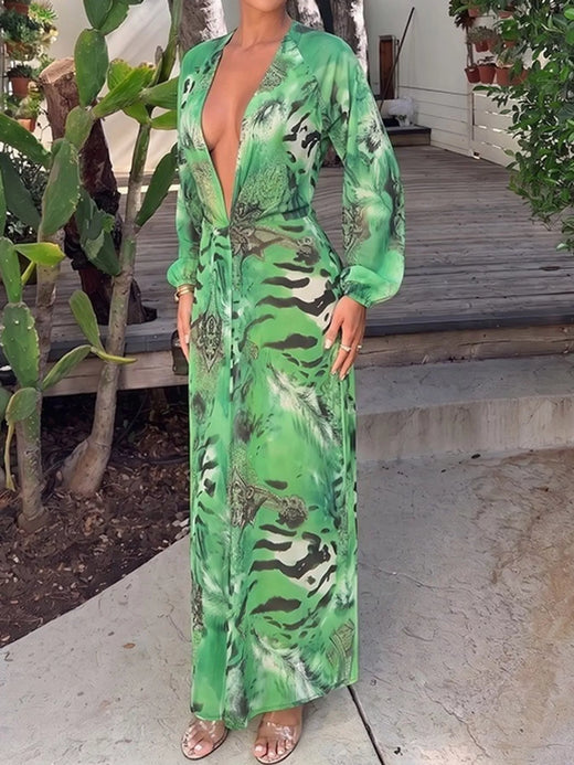 Deep V-Neck Long Sleeve Printed Maxi Dress - alternate view 3