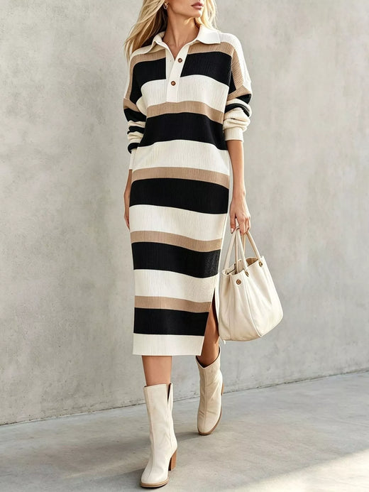 Striped Polo Collar Long Sleeve Sweater Dress - alternate view 2