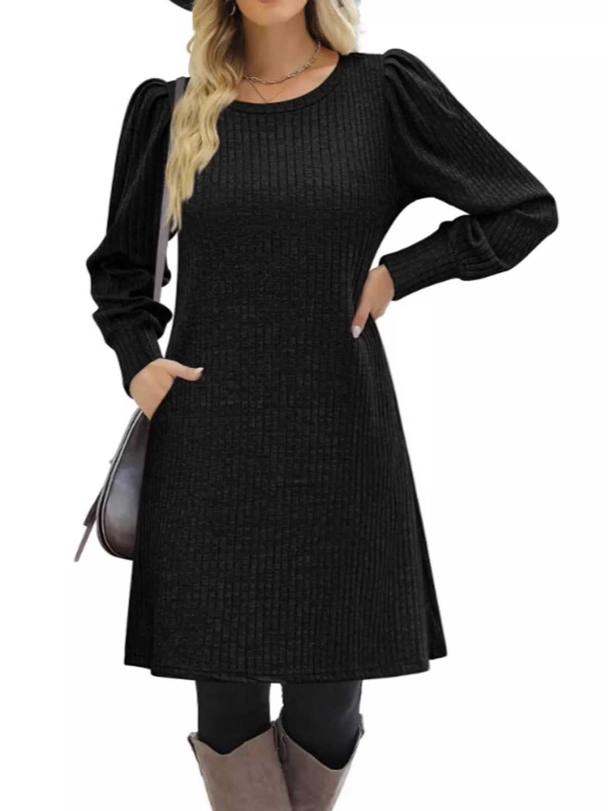 Puff Sleeve Ribbed Knit Dress with Pockets - alternate view 8