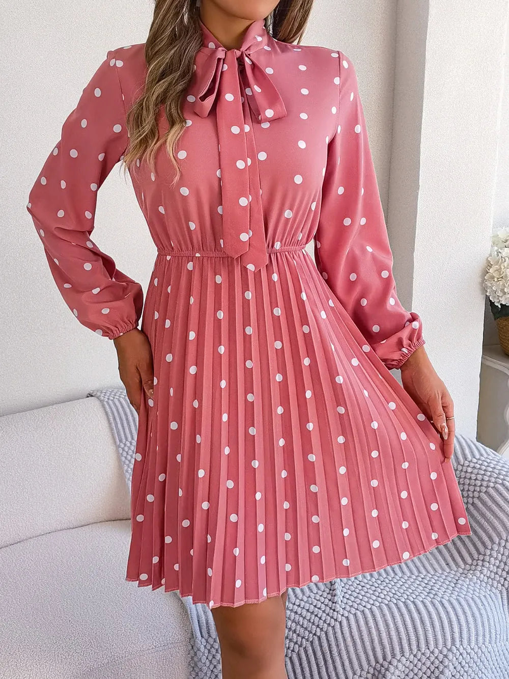Polka Dot Tie Neck Pleated Dress - alternate view 4