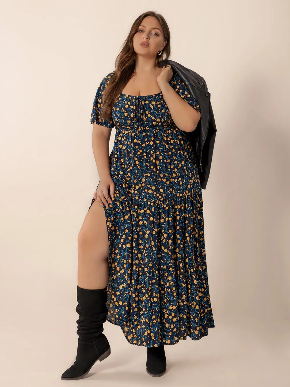 Printed Short Sleeve Slit Tiered Maxi Dress - alternate view 3