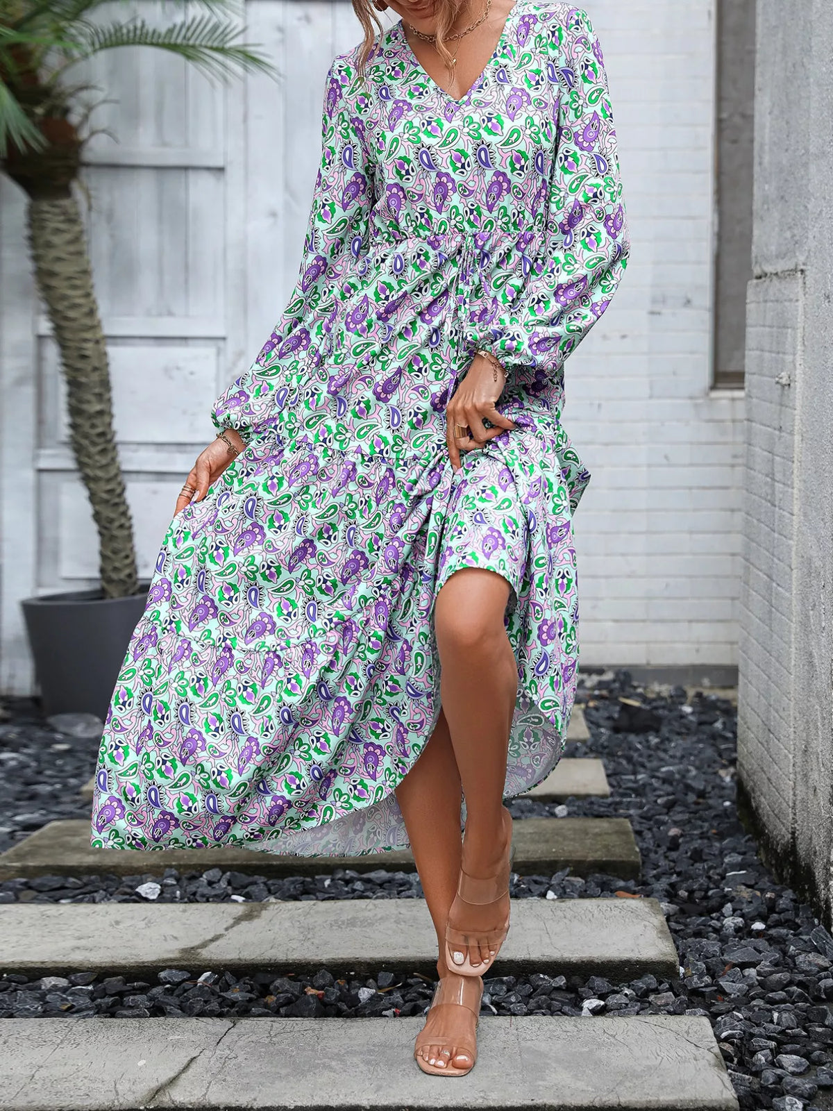 Printed V-Neck Long Sleeve Dress - alternate view 6