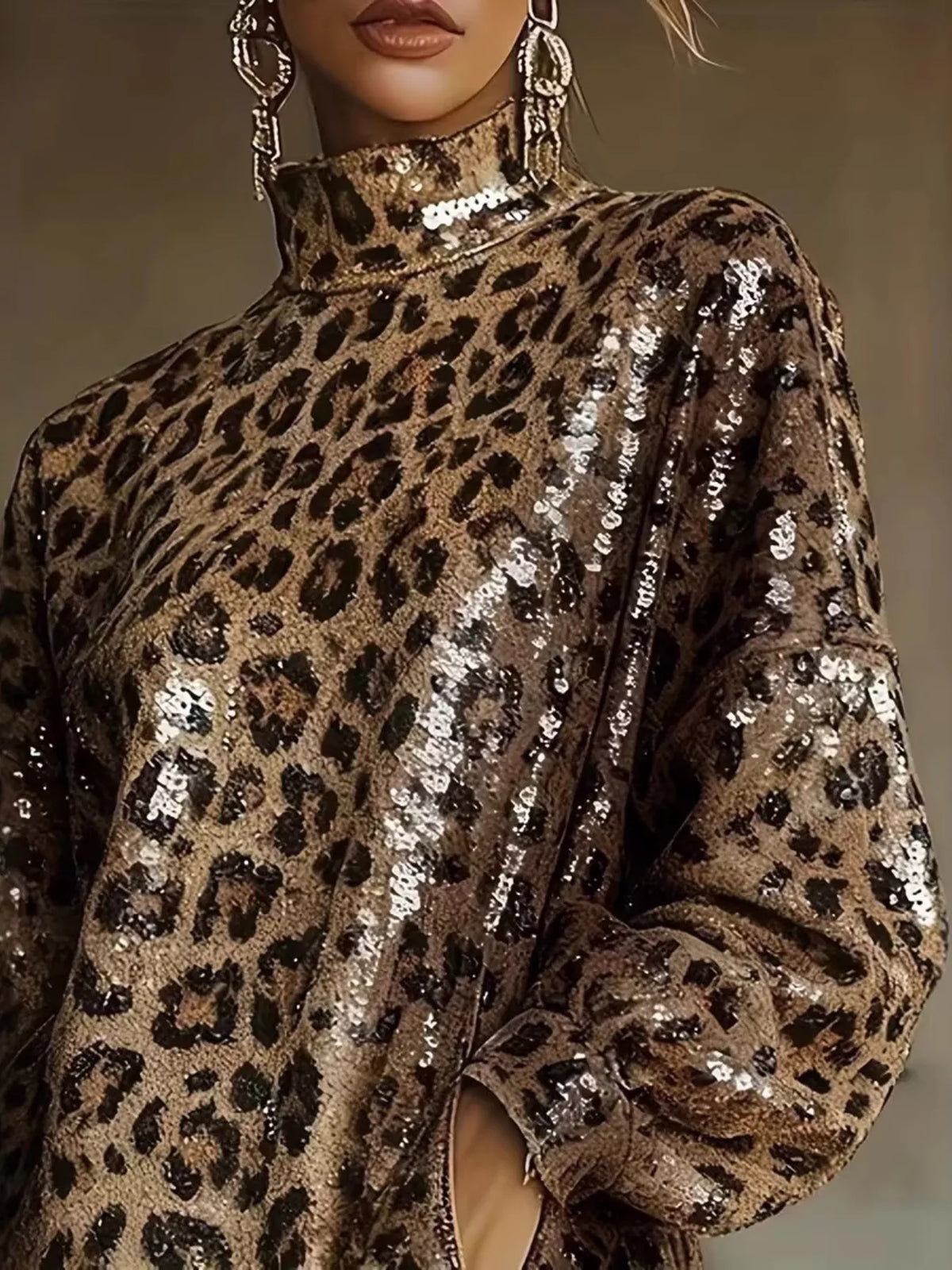 Full Size Leopard Sequin Mock Neck Fringe Hem Long Sleeve Mini Dress Plus Size - alternate view 2