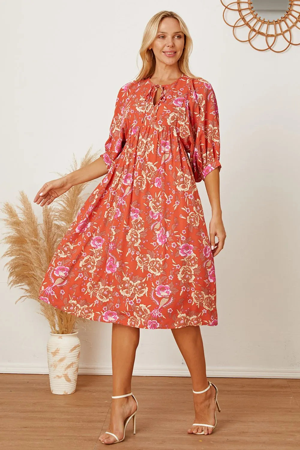 Floral Tie Neck Half Sleeve Dress - alternate view 2