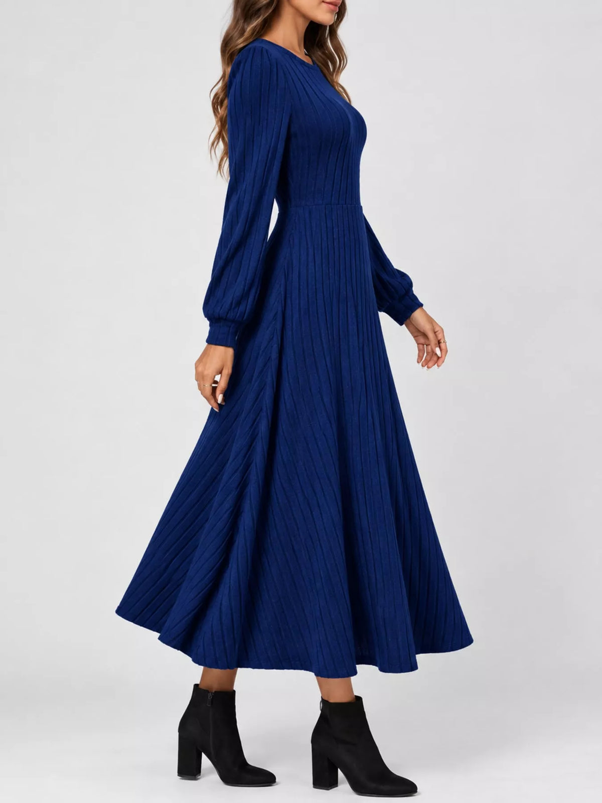 Ribbed Knit Long Sleeve A-Line Midi Dress - alternate view 20