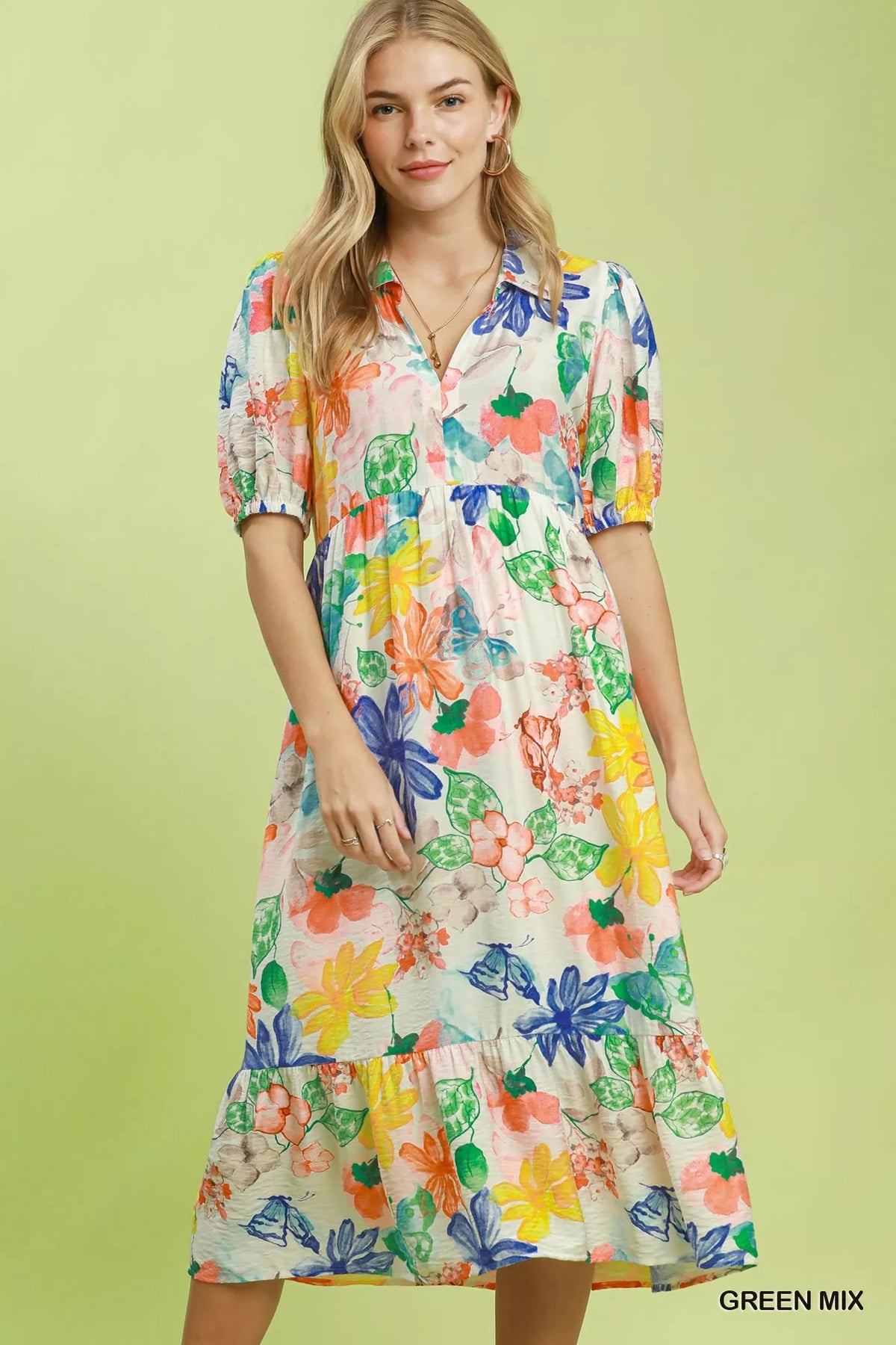 Watercolor Floral Tiered Midi Dress