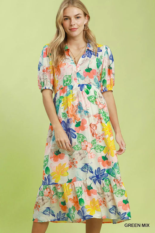 Watercolor Floral Tiered Midi Dress