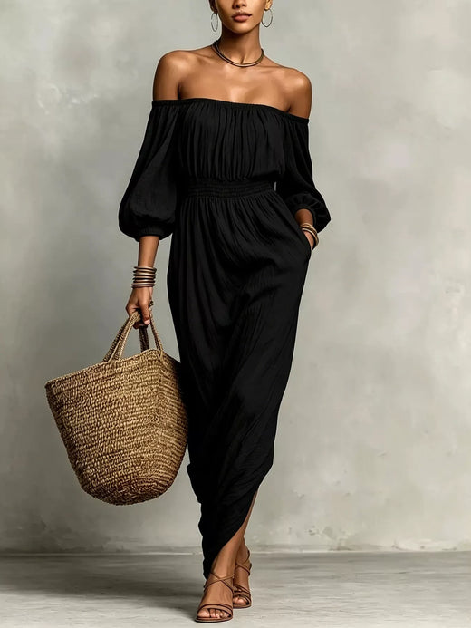 Off-Shoulder Smocked Waist Maxi Dress - alternate view 3