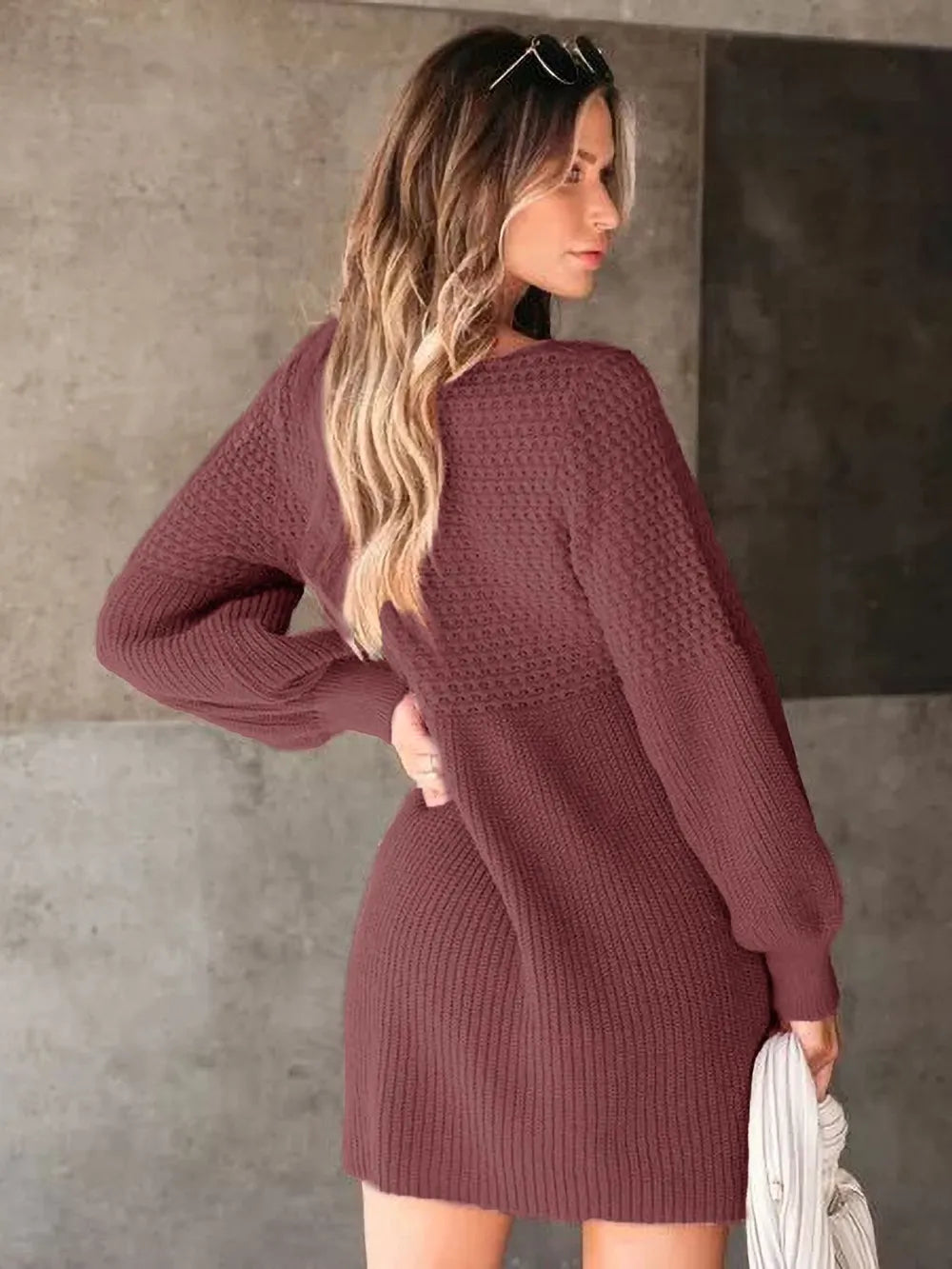 Perfee V-Neck Long Sleeve Sweater Dress - alternate view 2