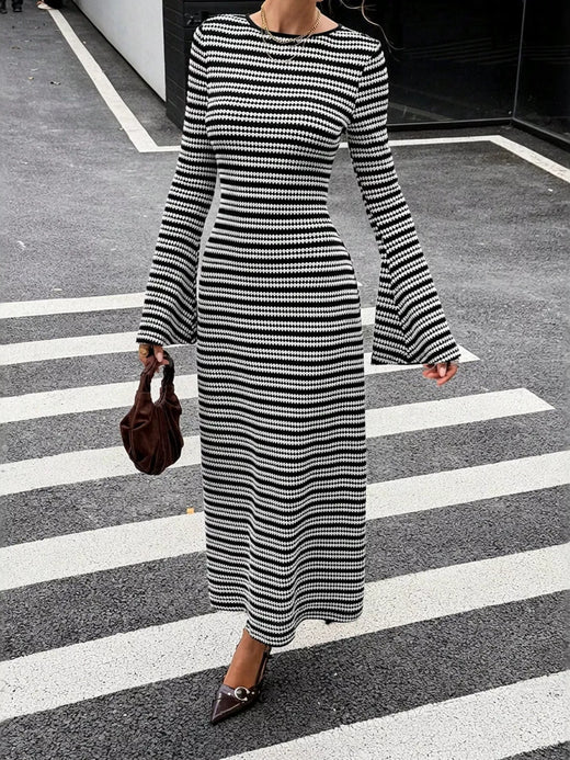 Backless Striped Ribbed Knit Maxi Dress with Flared Sleeves